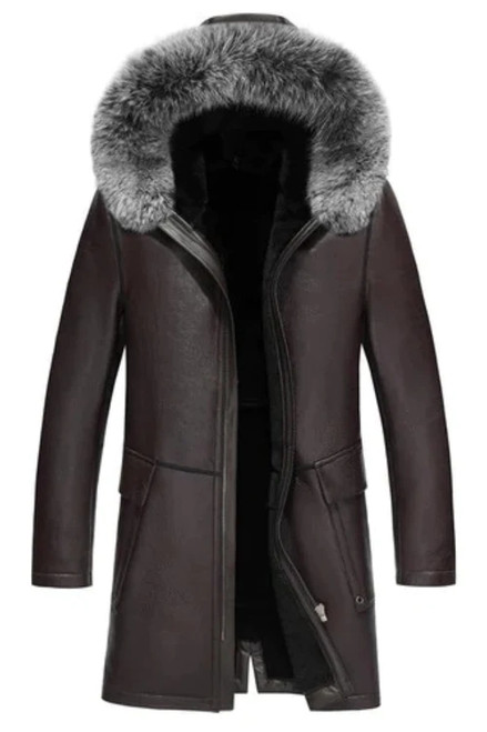 Winter Genuine Leather Jackets Men Real Shearling Sheepskin Long Coat with Natural Fox Fur Hooded New