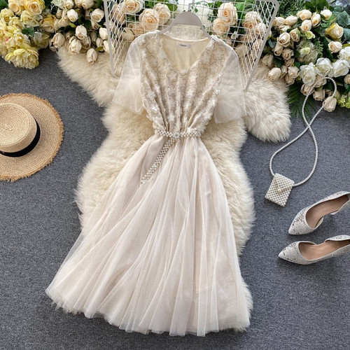 Summer Sweet Lace 3D Floral Dress Short Sleeve O-neck A-line Flare Party Pearls Belt Dresses Vestidos