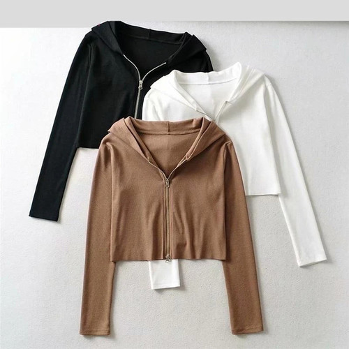 New Spring Autumn Ribbed Cardigan Women Hooded Fashion Long Sleeve Ladies Short Style Cardigan Coats