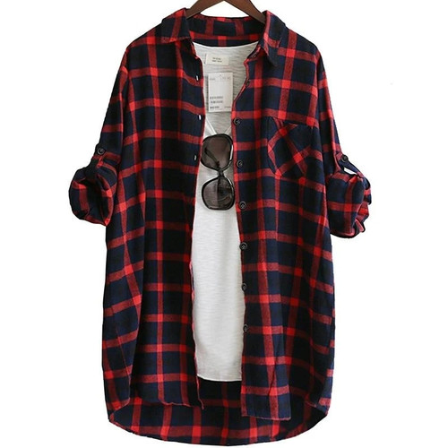 Women Blouse Shirt Loose Casual Plaid Shirts Long Sleeve Large Size Tops Womens Blouses Red Green