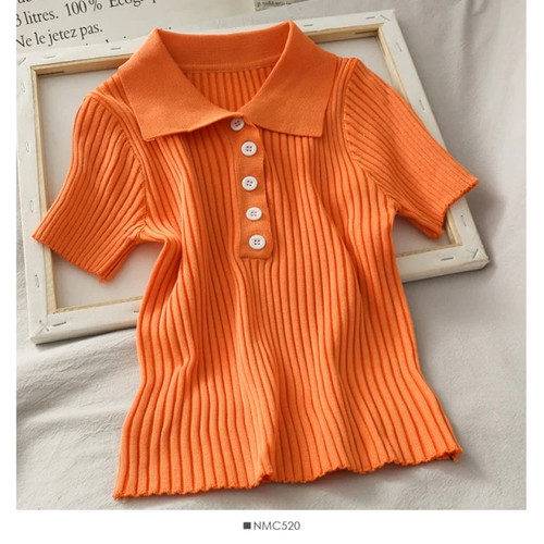 Stretchy Short Sleeve Top Women Summer Female Polo Shirt Knitted Candy Color Tees Plain Button Up Vintage Clothes