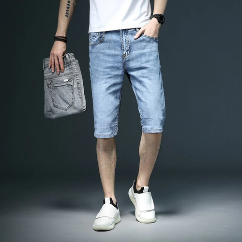 Summer New Men's Slim Fit Short Jeans Fashion Cotton Stretch Vintage Denim Shorts Grey Blue Short Pants Male Brand Clothes