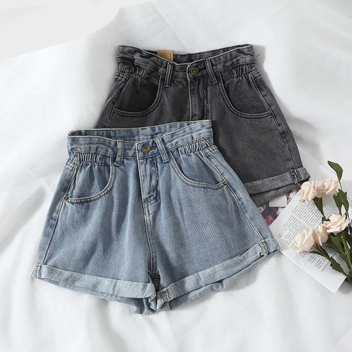 Women's denim shorts high-waist shorts women large size elastic waist wide-leg short jeans