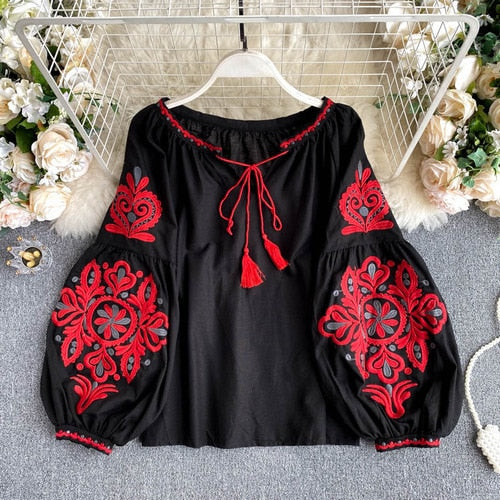 Women's Blouse National Style Embroidered Lace-Up Tassel V-Neck Lantern Sleeve Tops Loose All-Match Female Blusa