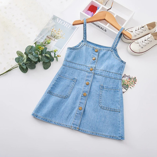 Girls Suspender Denim Dresses Kids Jeans Vest Dress for Girls Single-breasted Strap Dress Sundress Sunmmer Casual Baby Infantis