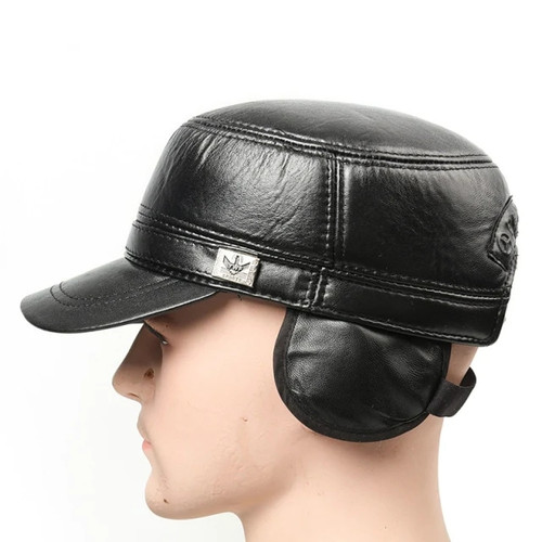 Leather Men Military Hat Outdoor Thermal Earmuffs Male Cap Middle Aged Elderly Father High Quality Caps