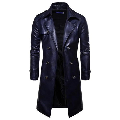 Men Leather Long Overcoat  Long Trench Coat Autumn Winter British Double Breasted Slim Fit Male Coat Trench 3xl