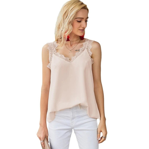 Summer Women Lace Patchwork Tank Top New Sexy V-neck Sleeveless Casual Loose Ladies Tops