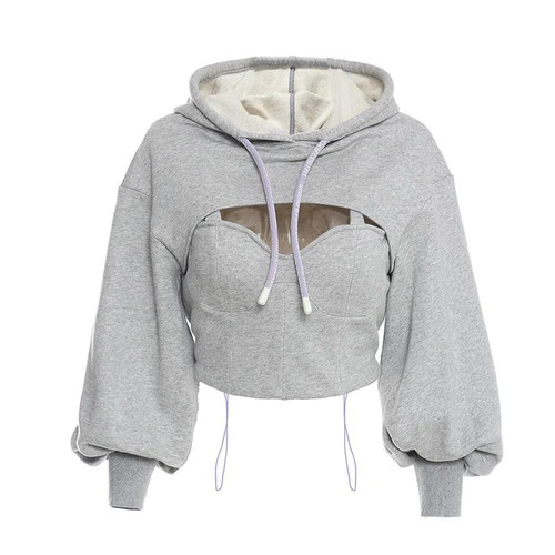 Hollow Out Gray Sweatshirt For Women Hooded Collar Long Sleeve Fake Two Casual Short Tops Female