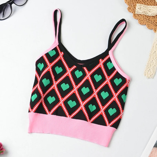 Women Summer Sweet Heart Tops Knitted Crop Tops Women Geometric Cute Crop Tops Women Cloth