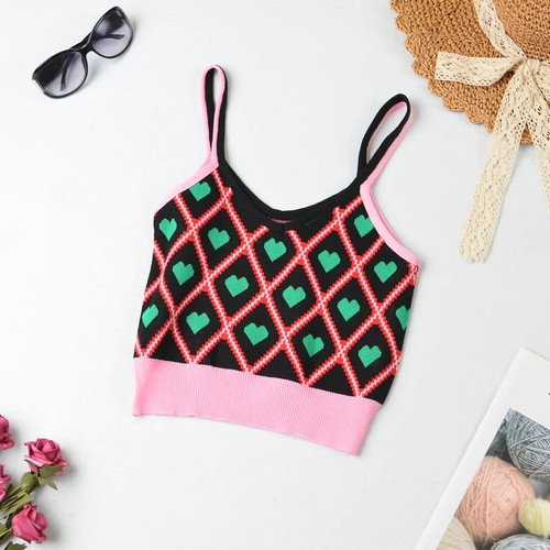 Women Summer Sweet Heart Tops Knitted Crop Tops Women Geometric Cute Crop Tops Women Cloth