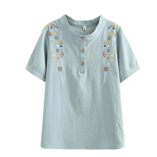 Embroidery Tops Women Cotton and Linen T-shirts Plus Size O-neck Summer Short Sleeve Casual Tops