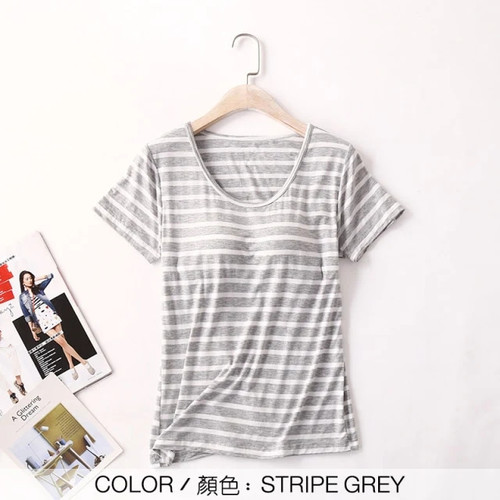 Women T-Shirts Built-in Bra Padded Stretchable Modal Tops Tshirts Short Sleeve Stripe Sexy Casual Summer