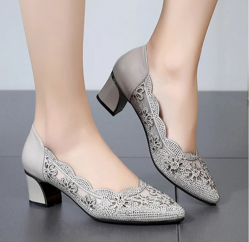 Summer Hollow Out Genuine Leather Pumps Women Shoes Med Heels Square Diamond Mesh Ladies Office Shoes Crystal