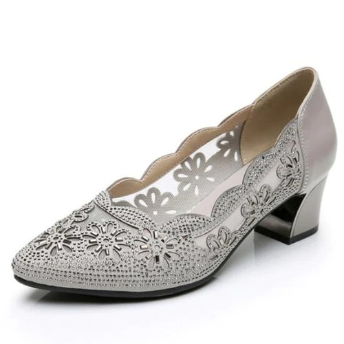 Summer Hollow Out Genuine Leather Pumps Women Shoes Med Heels Square Diamond Mesh Ladies Office Shoes Crystal