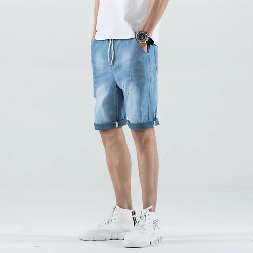 Men's Cotton Thin Denim Ruched Short Pants New Fashion Summer Male Casual Low Waist Short Jeans Shorts Stretch Pant 1