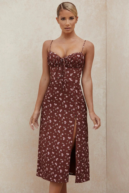 Summer Women New Floral Red Dress Sexy Camisole Halter Sleeveless Split Dress Celebrity Bodycon Club Party Mid Calf Dress