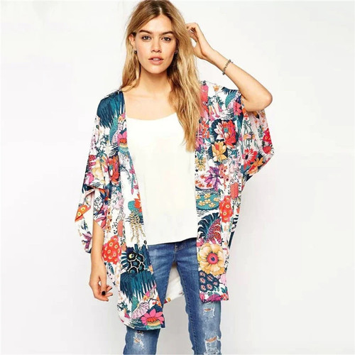 Chiffion Boho Women Blouse Floral Print Beach Shawl Kimono Cardigan Shirts Casual Loose Half Sleeve Tops Long Blusa Clothing