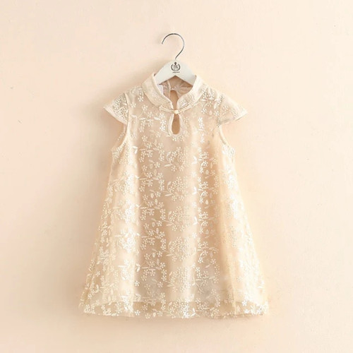 Summer 2 3 4 5 6 7 8 10 Years Crew Neck Chiffon Ethnic Embroidery Mesh Floral Cheongsam Dresses For Kids Baby Girls