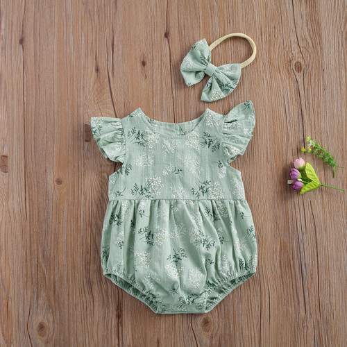 Newborn Baby Girl Clothes Fly Sleeve Flower Cotton Romper Jumpsuit Headband 2Pcs Outfits Casual Clothes Baby Set