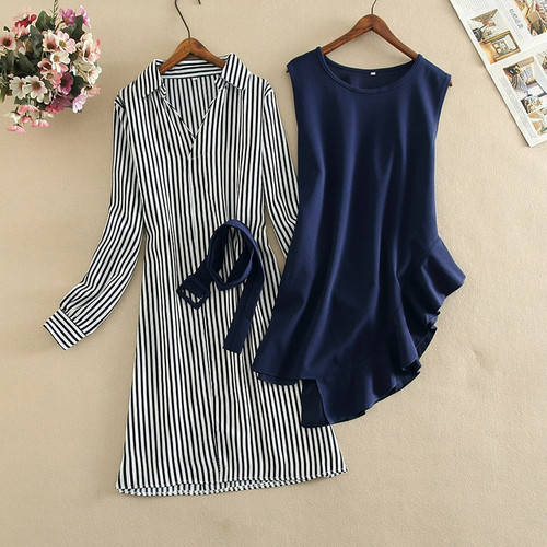 Spring Piece Set All-match Turn-down Collar Loose Striped Shirt + Chic Sashes O-neck Ruffle Vest Dress Women New Suits