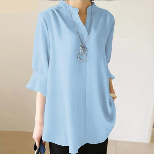 Women's Summer Blouses Vintage Solid Tops Half Sleeve Female V Neck Tunic Casual Chemise Oversize Tops