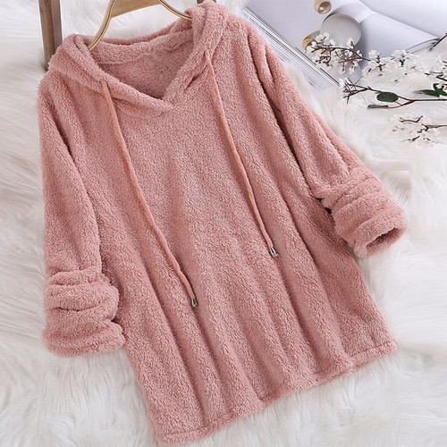 Women Long Sleeve Plush Hoodies Lady Autumn Winter Warm Solid Fluffy Hoody Flannel Pullover Pajama Loose Hooded Sweatshirts Top