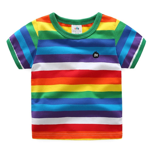 2021 Summer Fashion 2 3 4 5 6 7 8 9 10 Years Colourful Handsome Stripe Kids Baby Boys Girls Rainbow Short Sleeve Cotton T Shirt