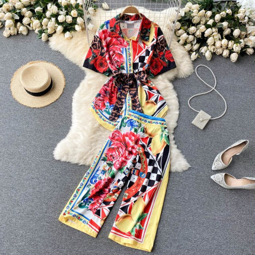 Women's Clothing 2021 Fashion Runway Suit Summer Short Sleeve Vintage Print Top and Pants 2 Piece Sets Casual Outfit N56639