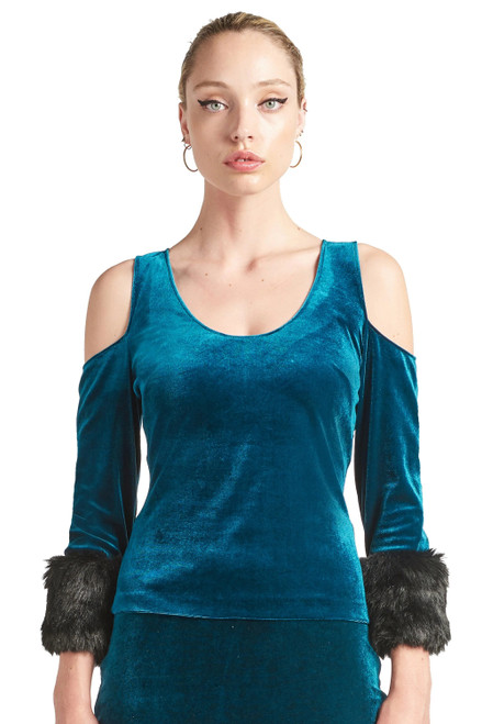 Mia Top - Velvet 3/4 sleeve top with cut-out shoulders & contrast faux