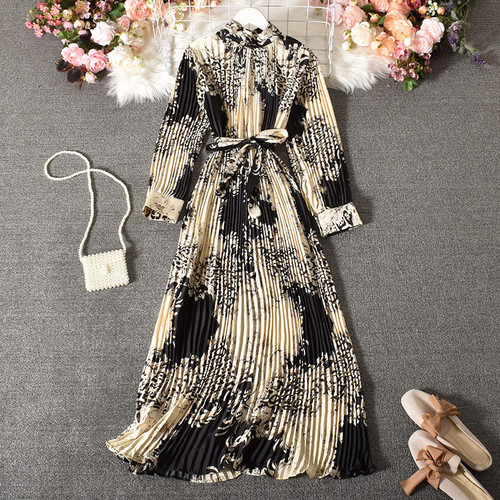 Vintage Long Dress Popular Full Sleeve Spring Fall New Loose A-Line Printed Leopard Pleated Women Dress Elegant Robe