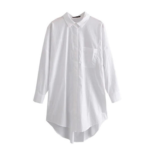 Women  Fashion With Pockets Oversized Poplin Asymmetry Blouses Vintage Long Sleeve Button-up Female Shirts Chic Top