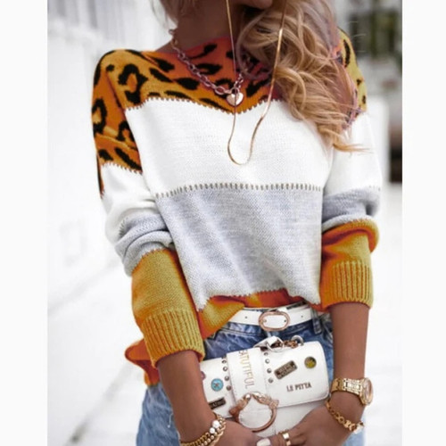 Fall 2021 Leopard Knitted Sweater Women Fashion O-Neck Pullovers Full Sleeves Loose Crop Sweater