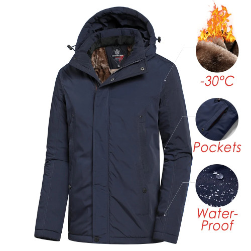 Men Winter New Casual Long Thick Warm Fleece Hat Waterproof Parkas Jacket Coat Men Outwear Outdoor Fashion Pockets Parka Male