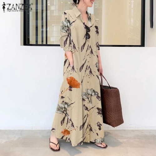 Elegant Printed Shirt Dress Women's Autumn Sundress ZANZEA Casual Long Sleeve Maxi Vestido Female Lapel Button Robe