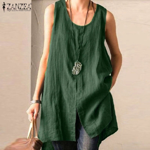 Summer Sleeveless Split Tanks Tops ZANZEA Women Cotton Linen Blouse Vintage Solid Party Shirt Female Blusas Tunic Tops Tee