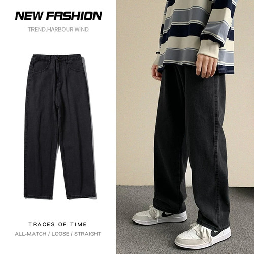 Autumn New Streetwear Baggy Jeans Men Korean Fashion Loose Straight Wide Leg Pants Male Brand Clothing Black Light Blue