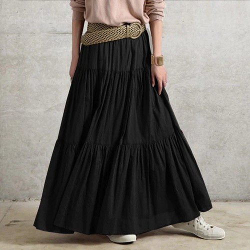 Spring Solid Skirts Vintage Women's Ruffle Sundress Casual Elastic Waist Long Vestidos Female Robe Femme Oversized