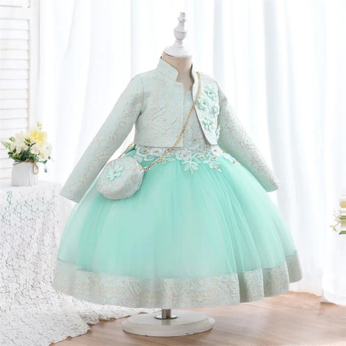 3pcs/set Warm Dress for Girls Jacquard Pattern Tulle Patchwork Children Clothing 3D Appliques Casual Birthday Dresses