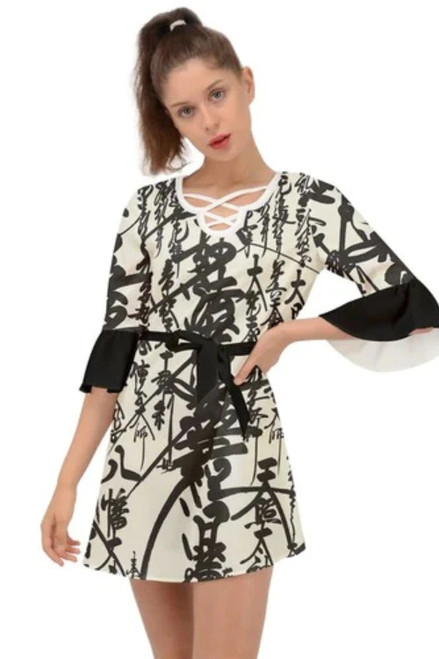 Oriental Pattern Criss Cross Mini Dress