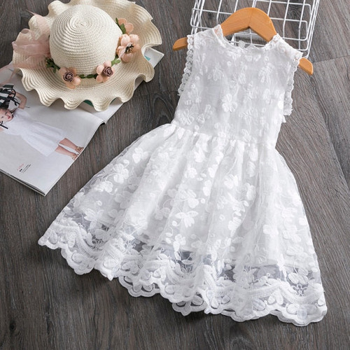 White Flower Girls Dresses Summer Sleeeveless Wedding Evening Ball Gown Tutu Lace Floral Kids Dresses for Girls Clothing