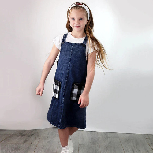 Girls braces dress stonewash kids dresses for girls summer casual children clothing kids dress blue denim with zipper pocket