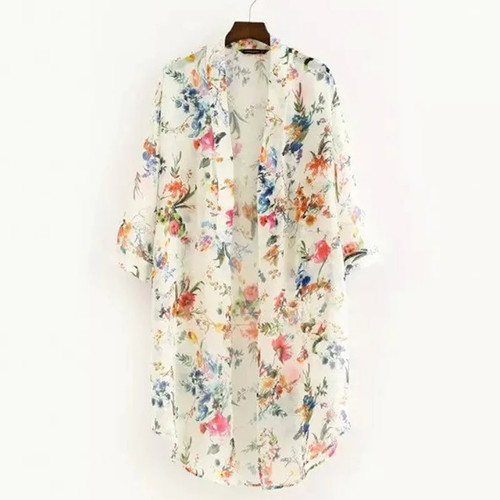 Women Vintage Floral Chiffon Shirts Small Fresh Simple Long Sunscreen Blouse Loose Shawl Kimono Cardigan Boho Tops