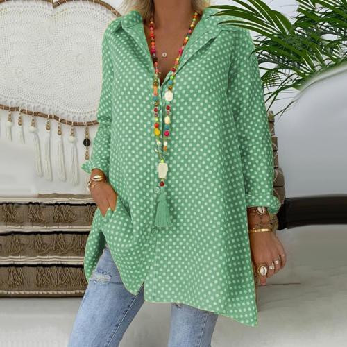 Women Blouse Casual Long Sleeve Turn Down Collar Polka Dot Print Buttons Loose Shirt