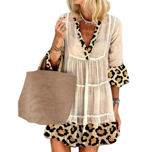 Elegant Party Dress Leopard Patchwork Women 3/4 Sleeve V Neck Dress Mini Dress Lady Sleeve Cotton Linen Dress for Party