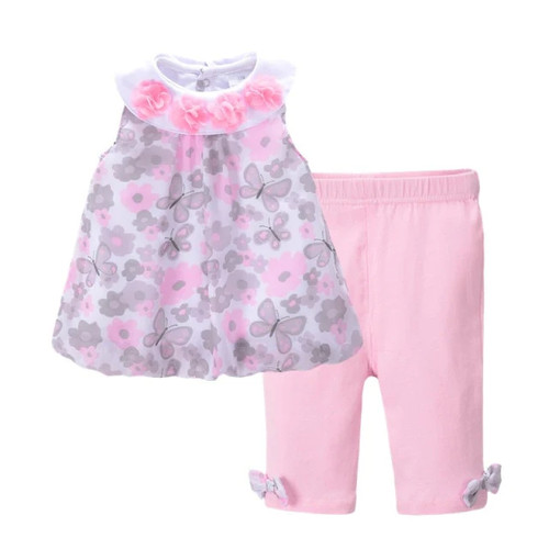 Summer Flowers Baby Girls Clothes Sets Sleeveless Chiffon Tops & Pant Kids Outfits Suit Children Clothing