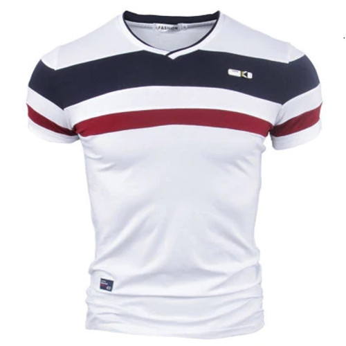 Men Short Sleeve T Shirts New Summer 100% Pure Cotton Vintage Patchwork Tees V neck Cotton T-shirt Homme Top M-4XL