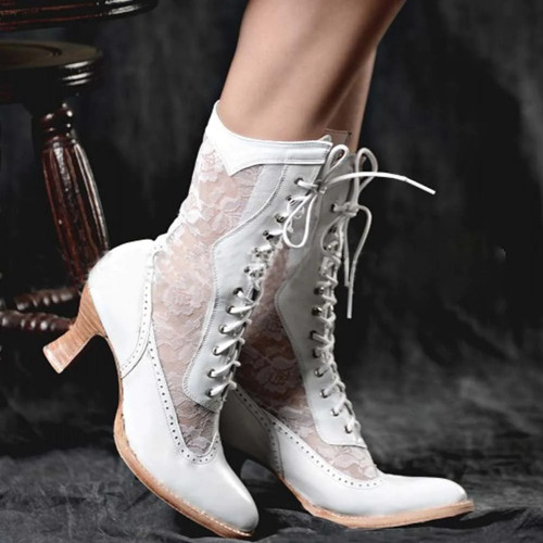 Vintage Lace Cowgirls Luxury Women Boots Lace Up Autumn Casual Party Dress Cosplay High Heels Shoes