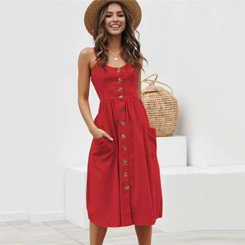 Plus Size Casual Summer Beach Dress Sundress Sexy Spaghetti Strap V-Neck Button Women Midi Red Robe Femme