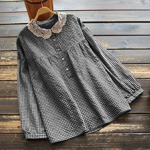 Oversized Vintage Blouse Women Long Sleeve Plaid Shirt Retro Autumn Casual Lace Patchwork Tops Button Blusas Chemise